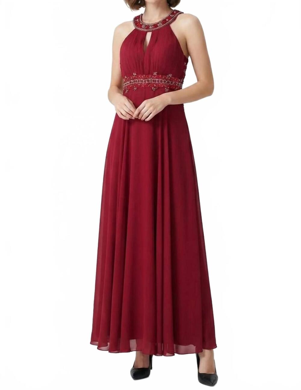 NEW SUE WONG halter beaded cutout back evening dress in port